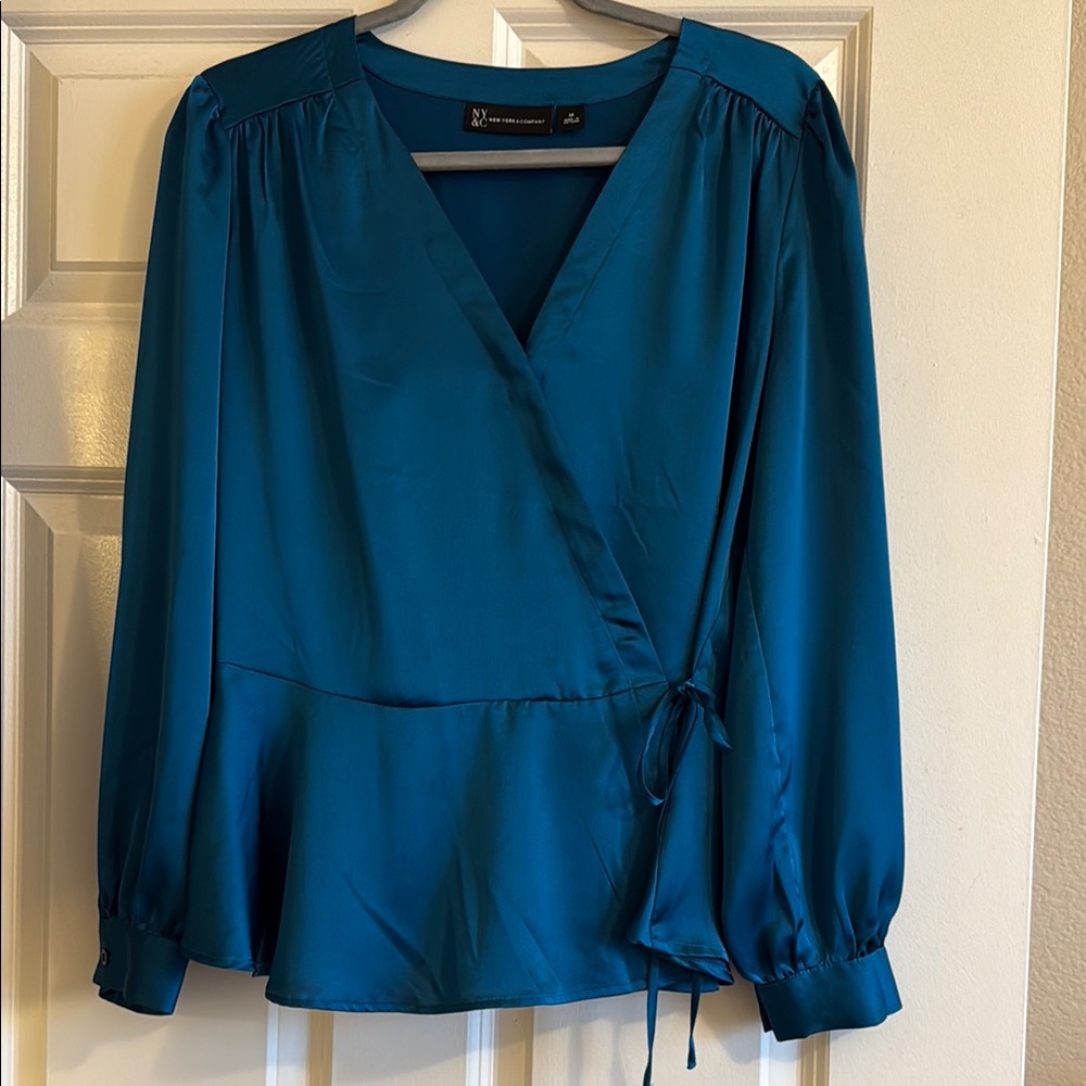 New York & Company Teal Satin Wrap Blouse